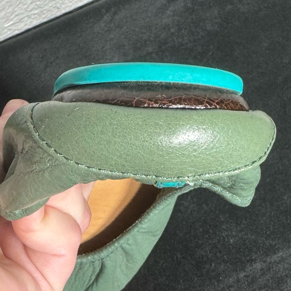 Tieks Women's Leather Ballet Flats in Sage Green with Teal Trim - Picture 9 of 10